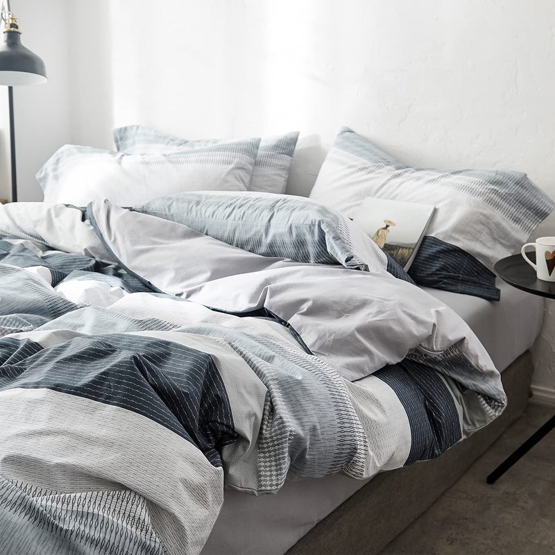 OREISE Duvet Cover Set Full/Queen Size 100% Cotton Bedding Set Gray Blue White Printed Striped Style,3Piece (1 Duvet Cover + 2 Pillowcase),Comfortable Luxurious Soft - Image 4